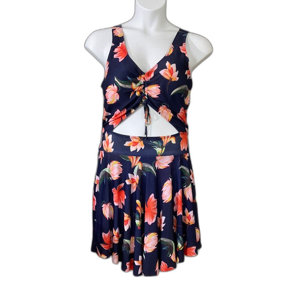 Esprlia Bathing Suit 1 Pc Plus Size 2XL Soft Cup Full Skirt Cut Out Floral Print